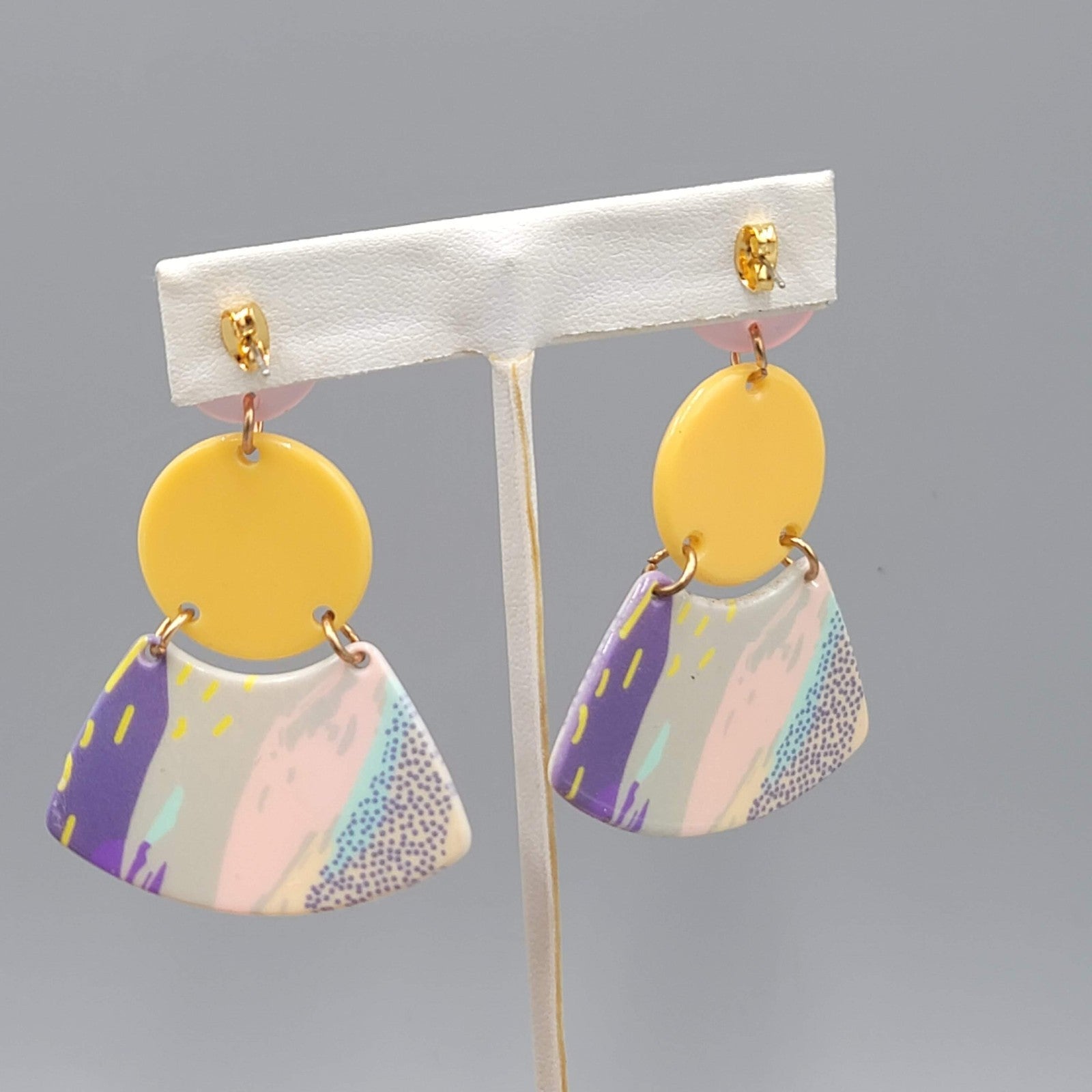 Yellow Pink Pastel Statement Pierced Earrings Large Acrylic Dangle Retro 2.5 in