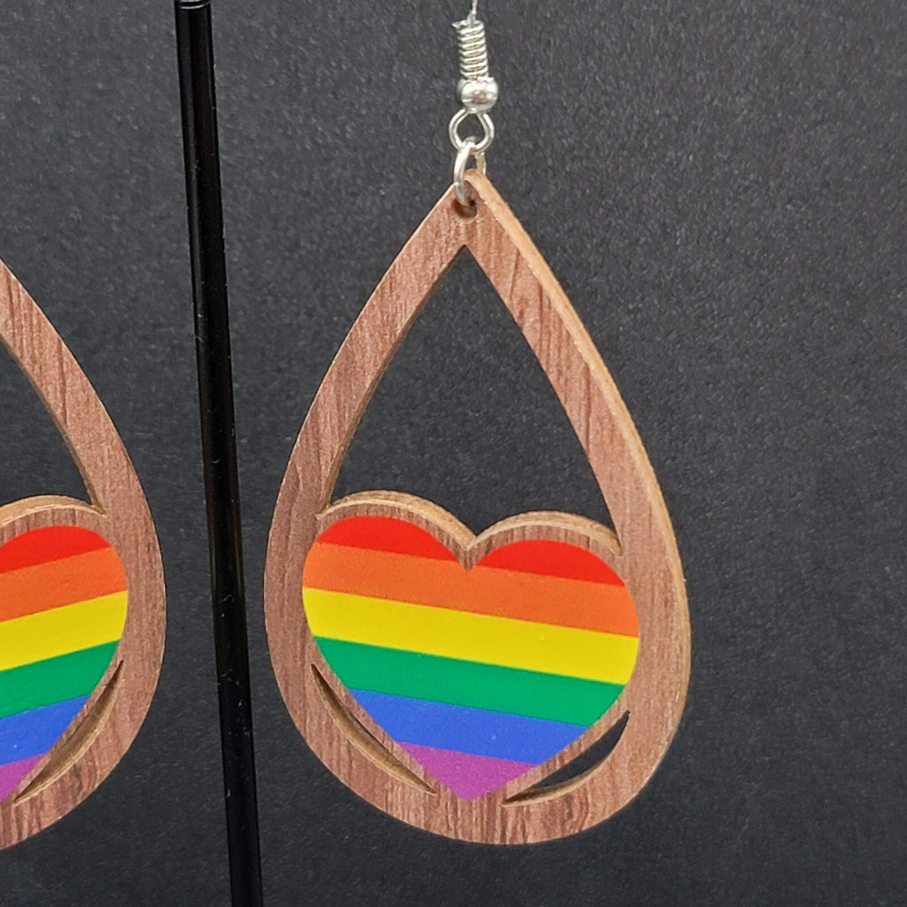 New PRIDE HEART Pierced Earrings Rainbow Wood Teardrop Dangle 2.25"