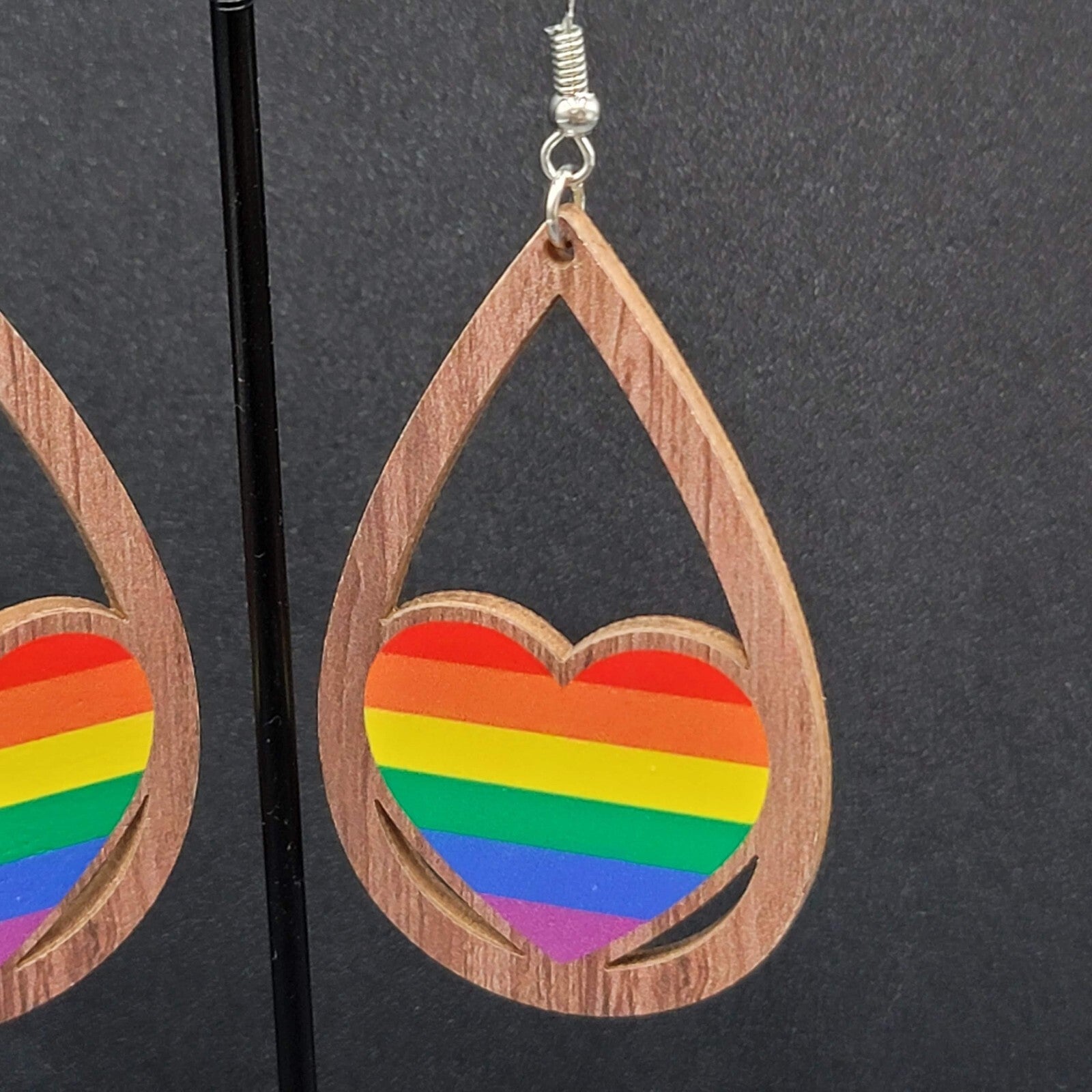 New PRIDE HEART Pierced Earrings Rainbow Wood Teardrop Dangle 2.25"