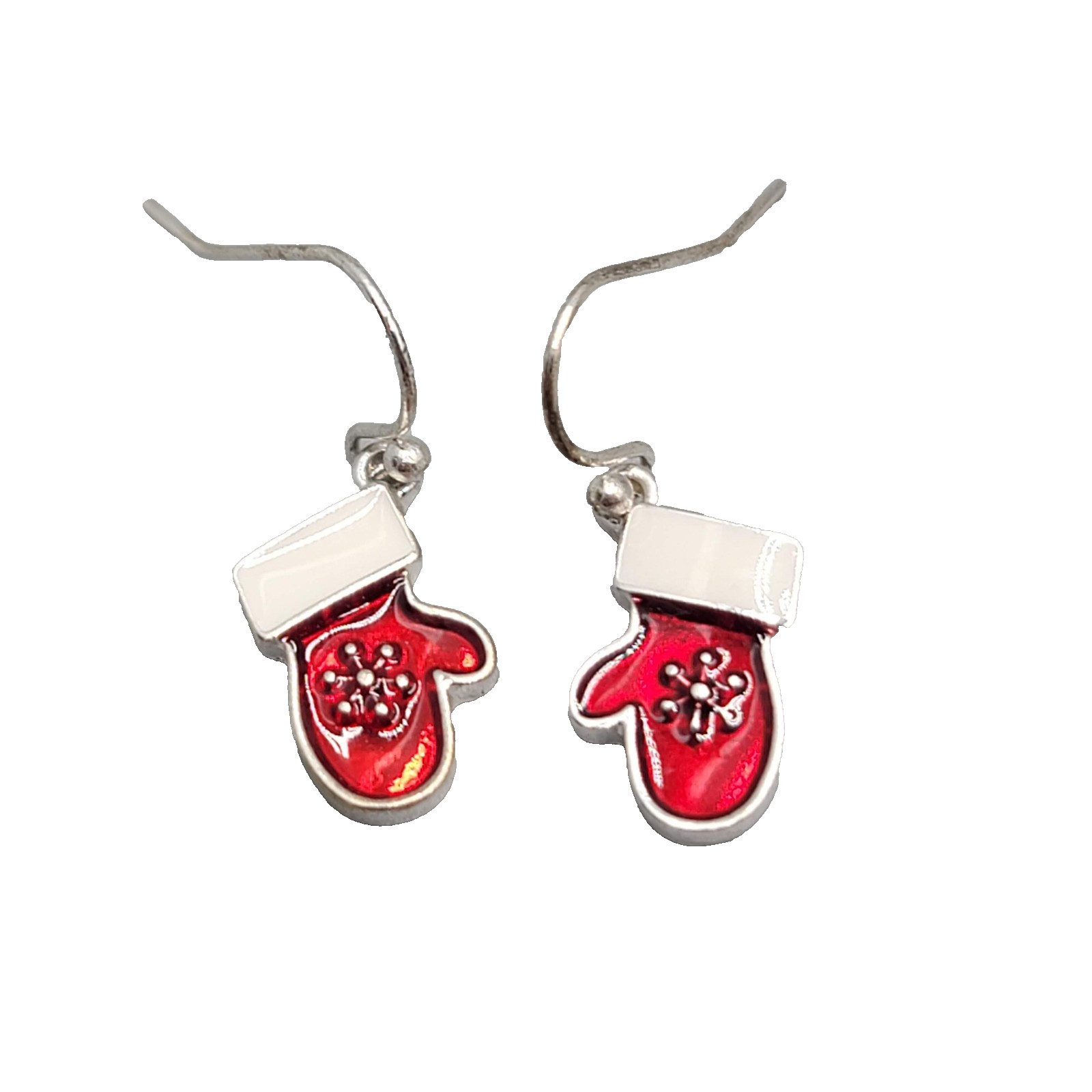 Christmas Mittens Enamel Pierced Earrings Silver tone Dangle 3/4 in 