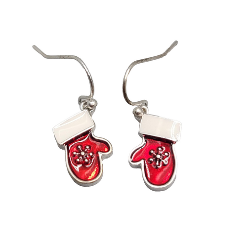 Christmas Mittens Enamel Pierced Earrings Silver tone Dangle 3/4 in 