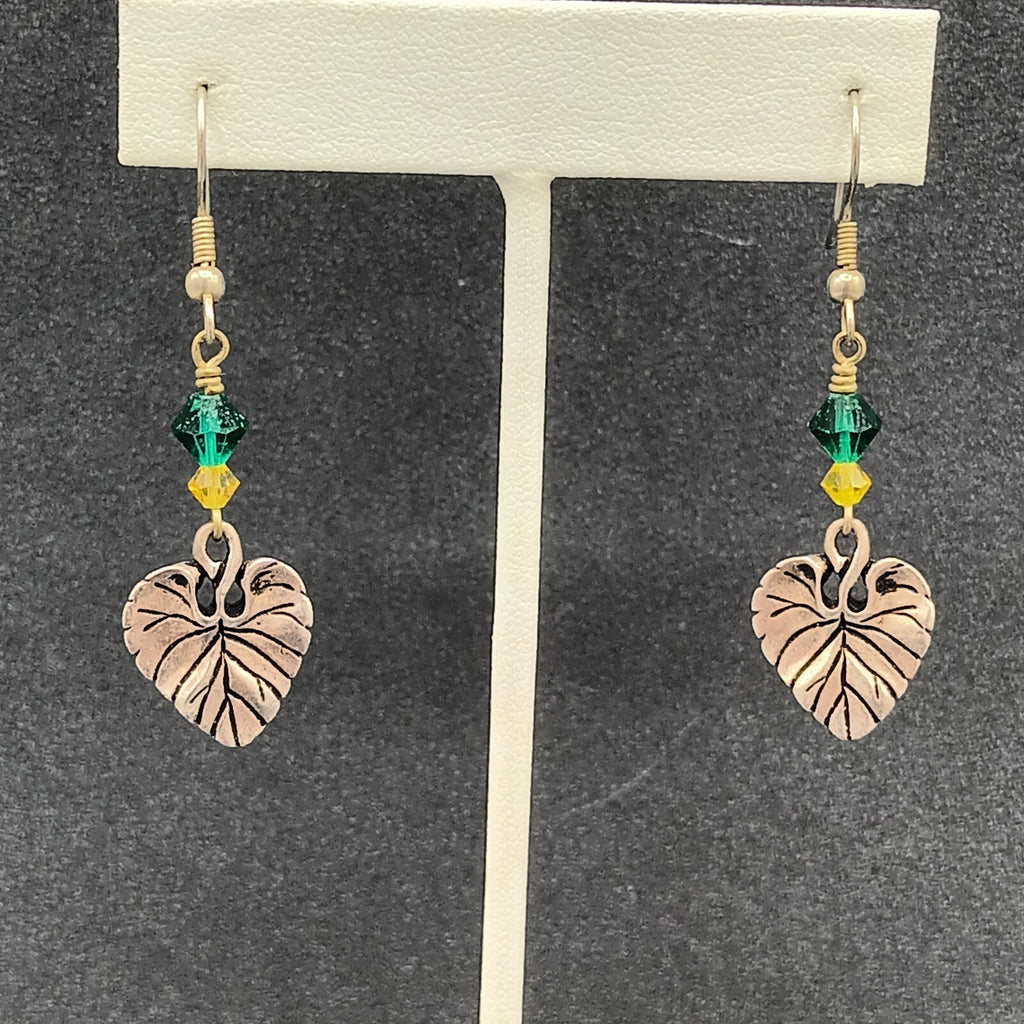 Pierced Earrings Silver tone Leaf Green Yellow Bead Dangle 1.25"