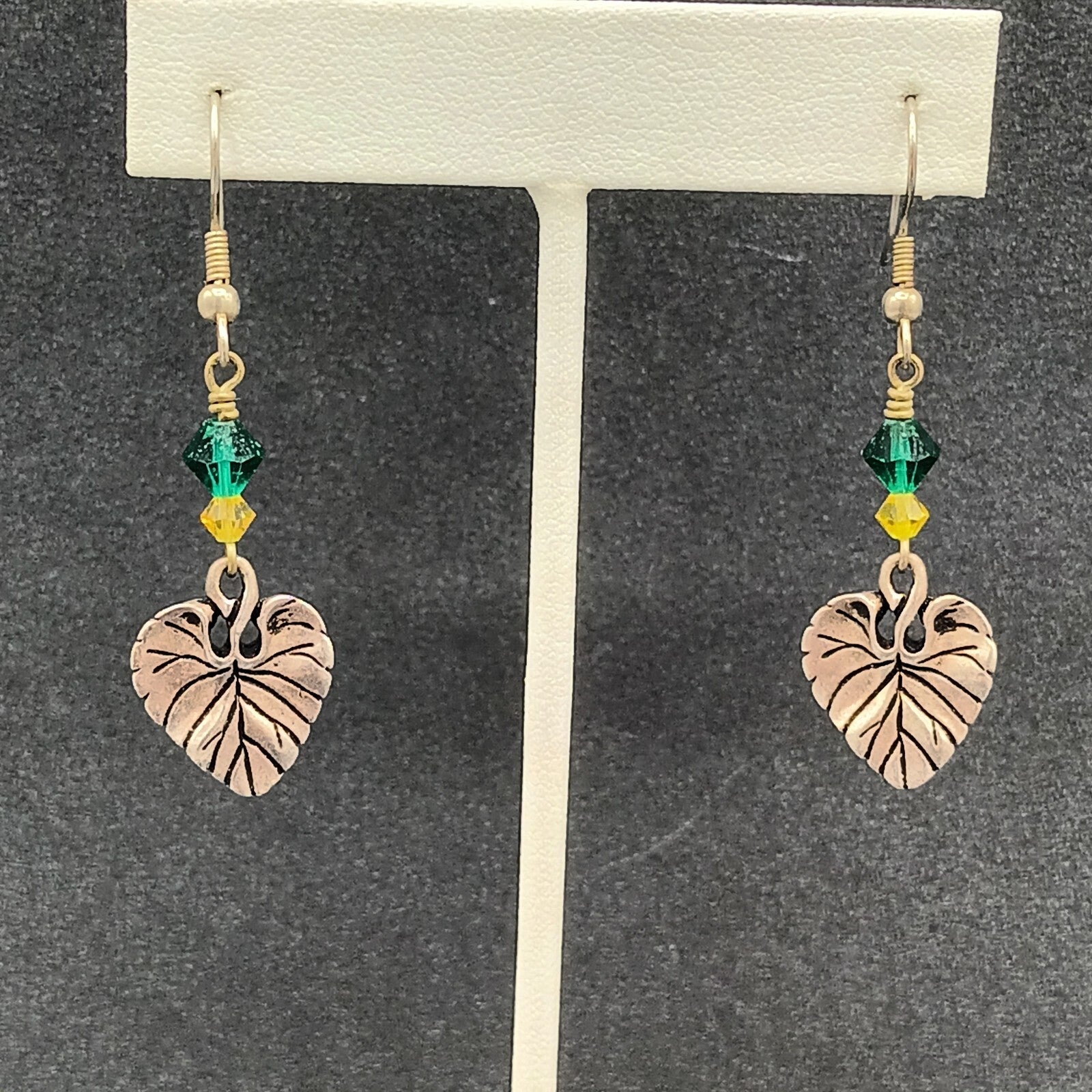 Pierced Earrings Silver tone Leaf Green Yellow Bead Dangle 1.25"