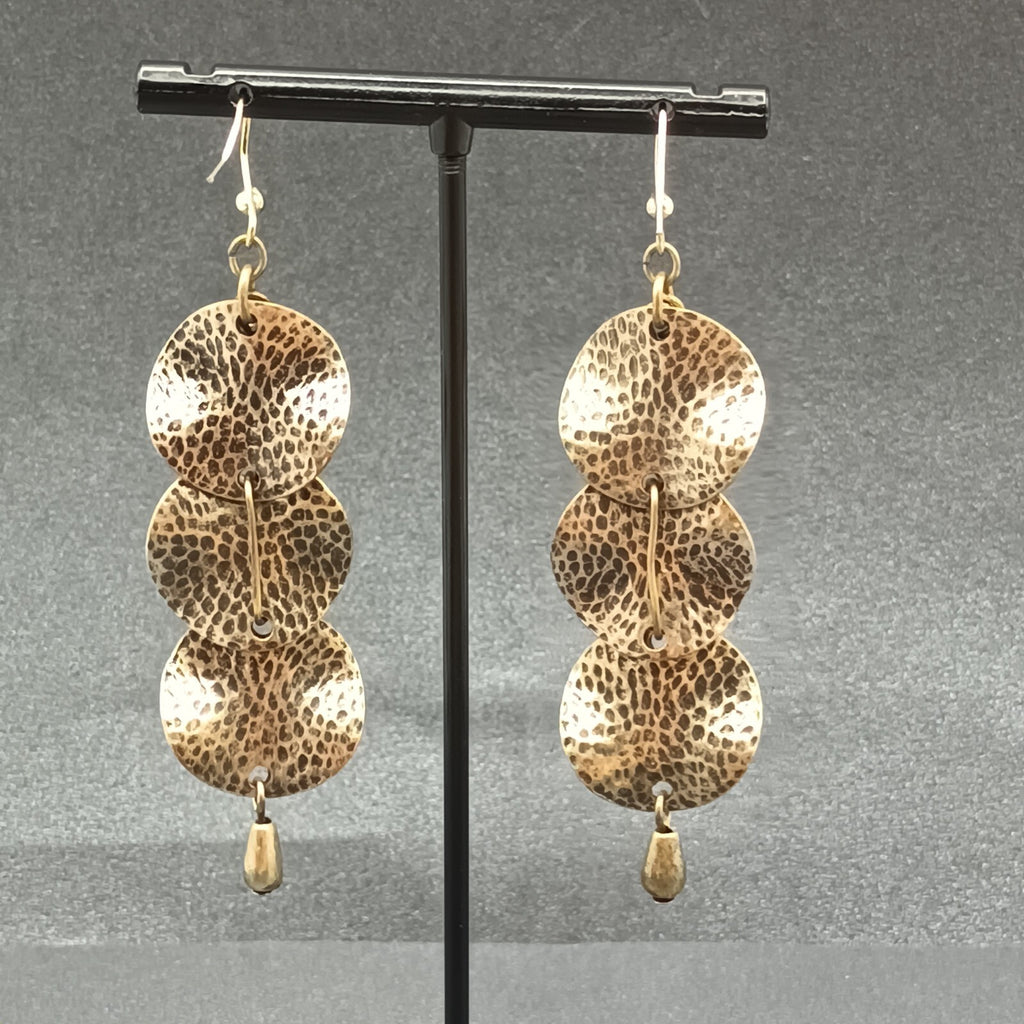 Pierced Earrings Antiqued Hammered Gold tone Wavy Circles Statement Drop 2 3/8"