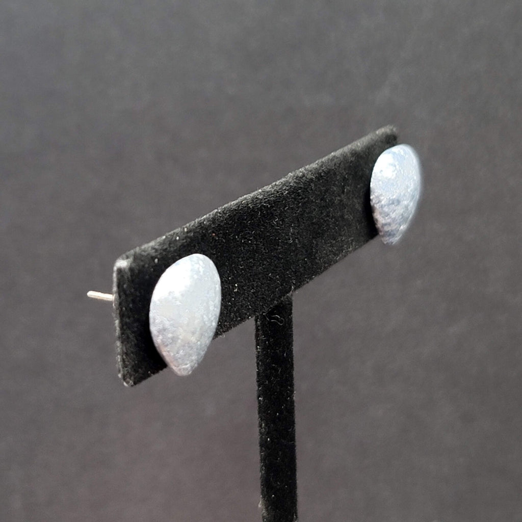 Vintage Pierced Earrings Blue Gray Enamel Splatter Heart Studs 1/2"