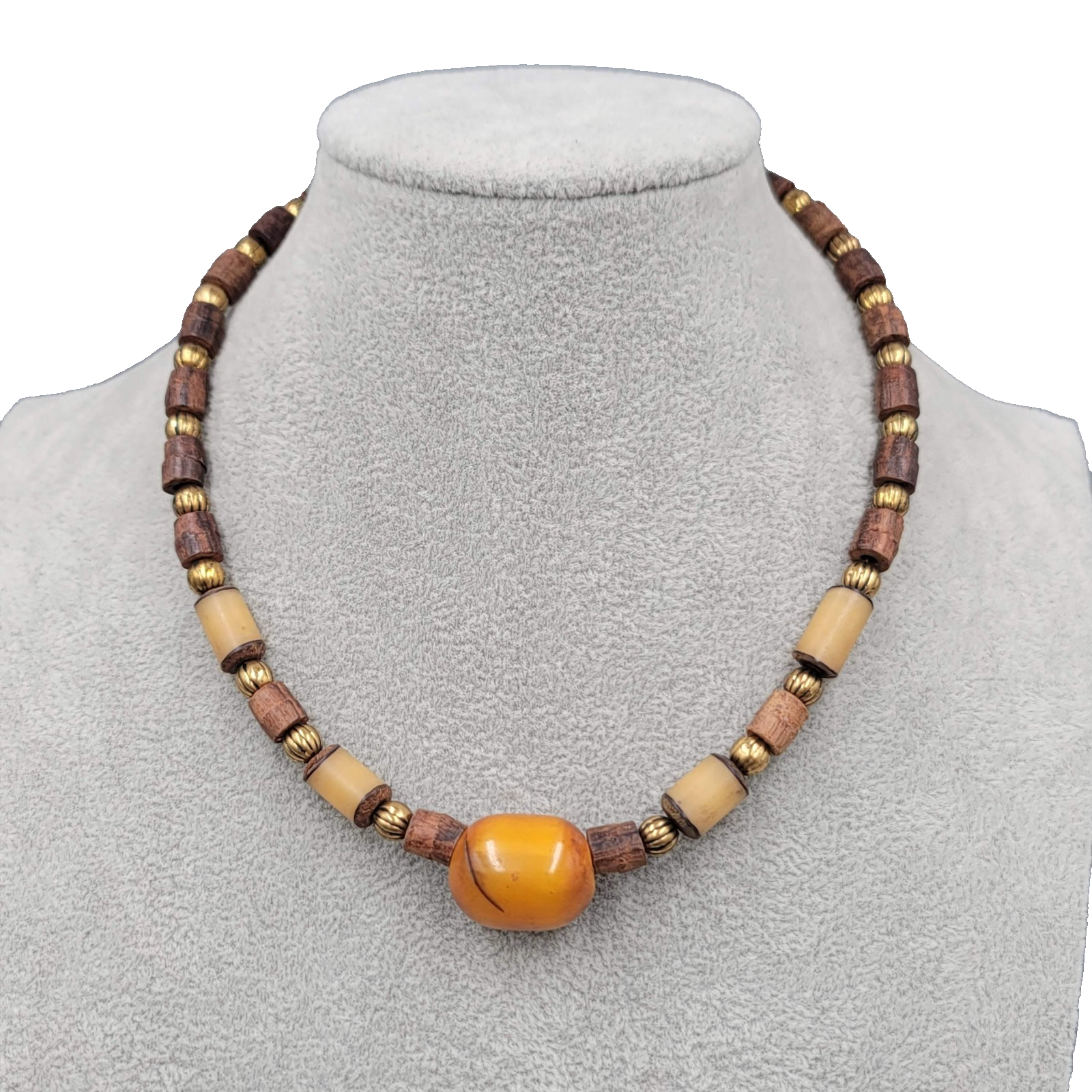 Vintage Wood Nut Brass Bead Necklace Unisex Ethnic 16 in