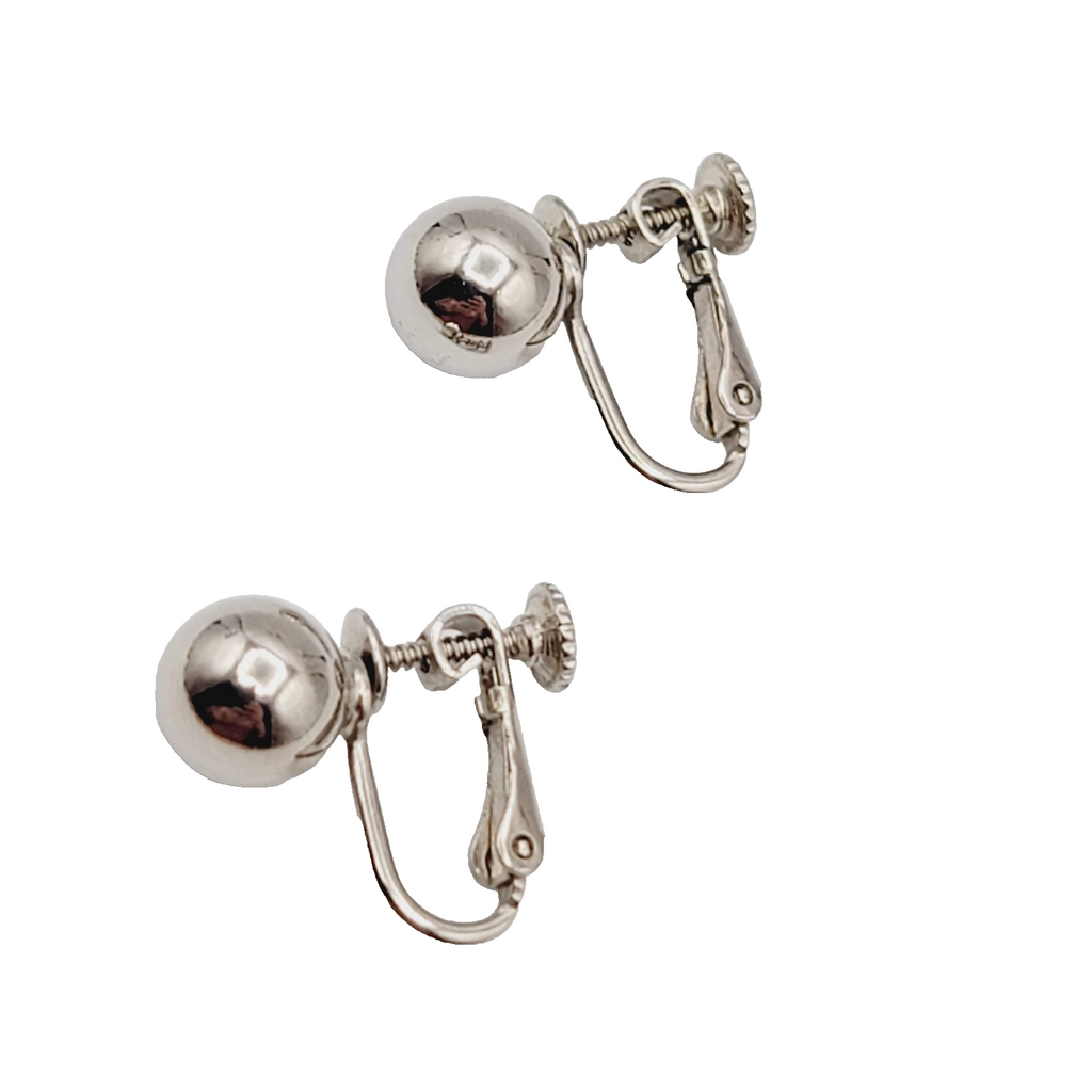 Vintage Ball Stud Clip on Earrings Silver Plated 3/8 in