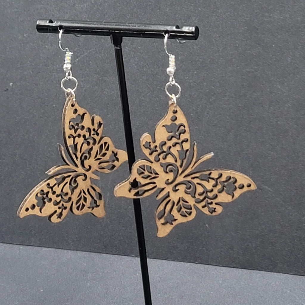 Butterfly Pierced Earrings Laser Cut Wood Dangle Large 2"
