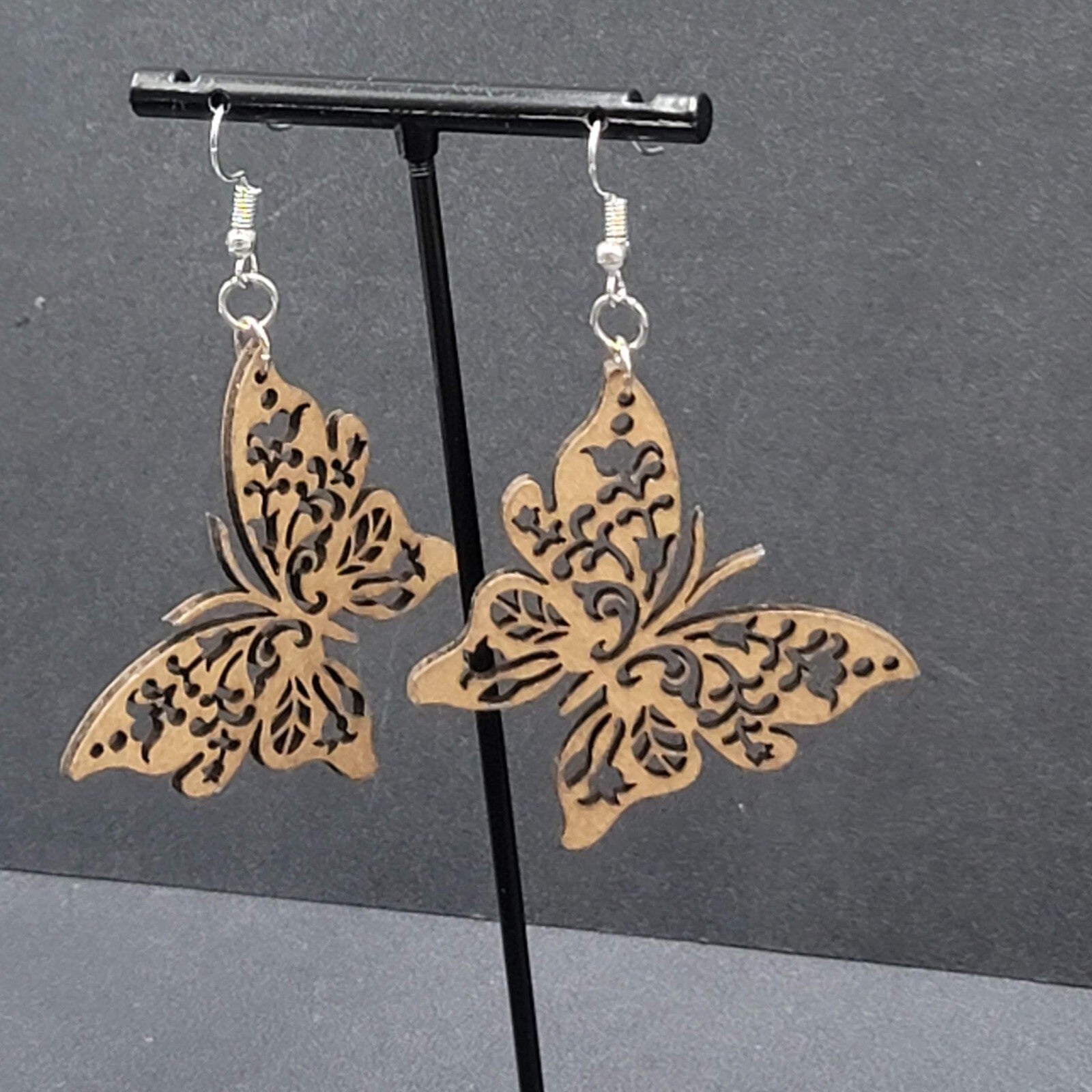 Butterfly Pierced Earrings Laser Cut Wood Dangle Large 2"