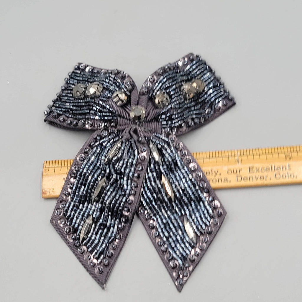 Beaded Bow Brooch Hair Clip Gray Ribbon Rhinestone Crystal Accent Pin 5 Inch