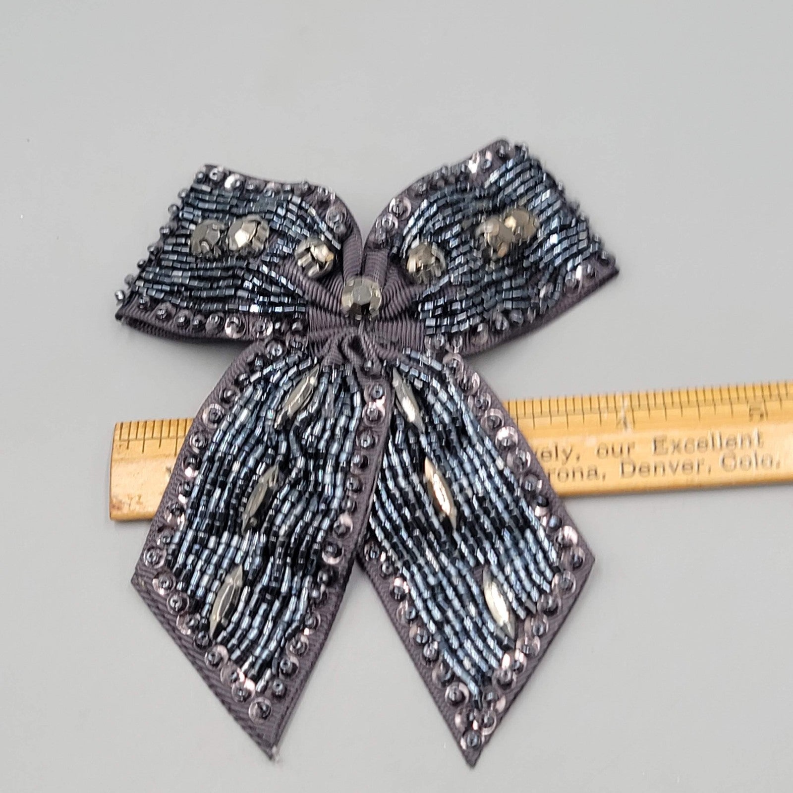 Beaded Bow Brooch Hair Clip Gray Ribbon Rhinestone Crystal Accent Pin 5 Inch