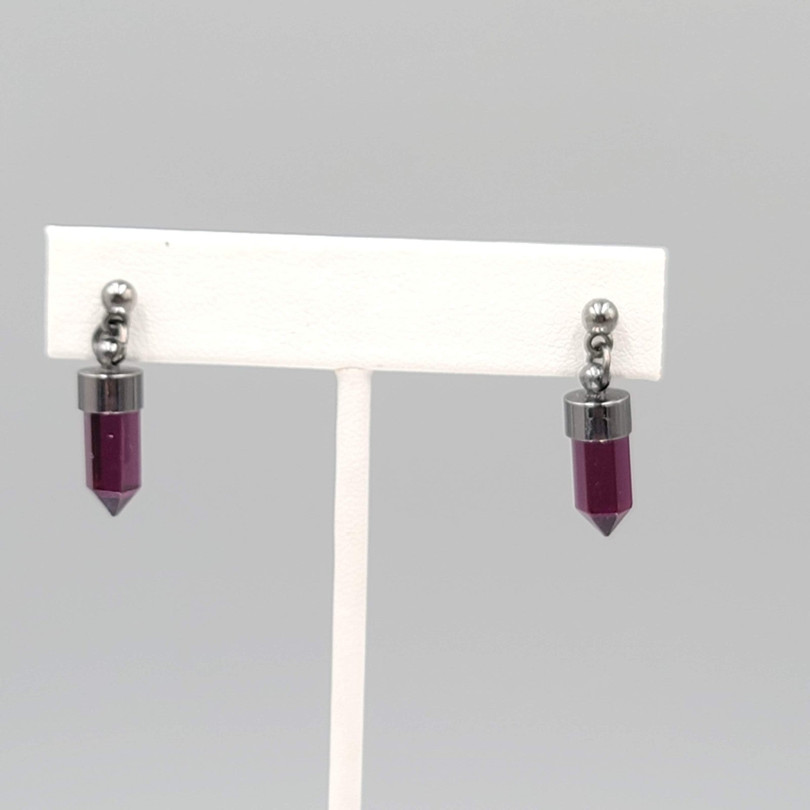 Dark Purple Acrylic Prism Pierced Earrings Gun Metal Gray 3/4 in