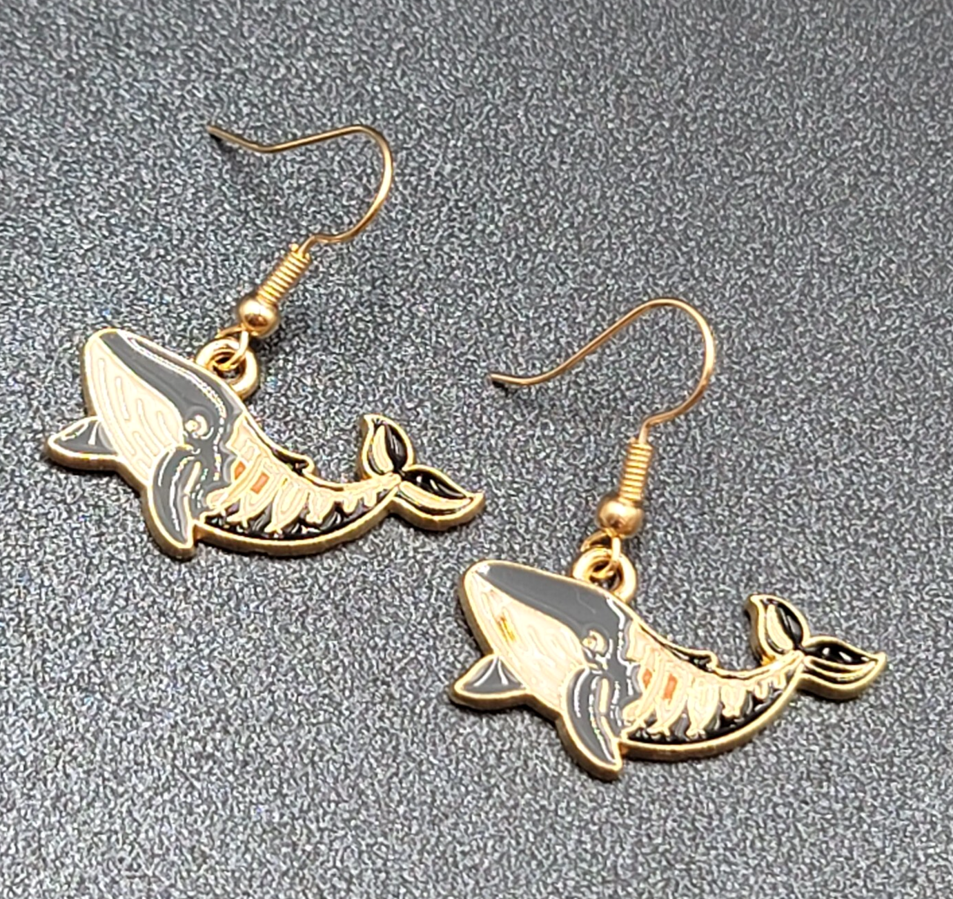 Zombie Whale Pierced Earrings Halloween Half Skeleton Enamel Dangle 5/8"