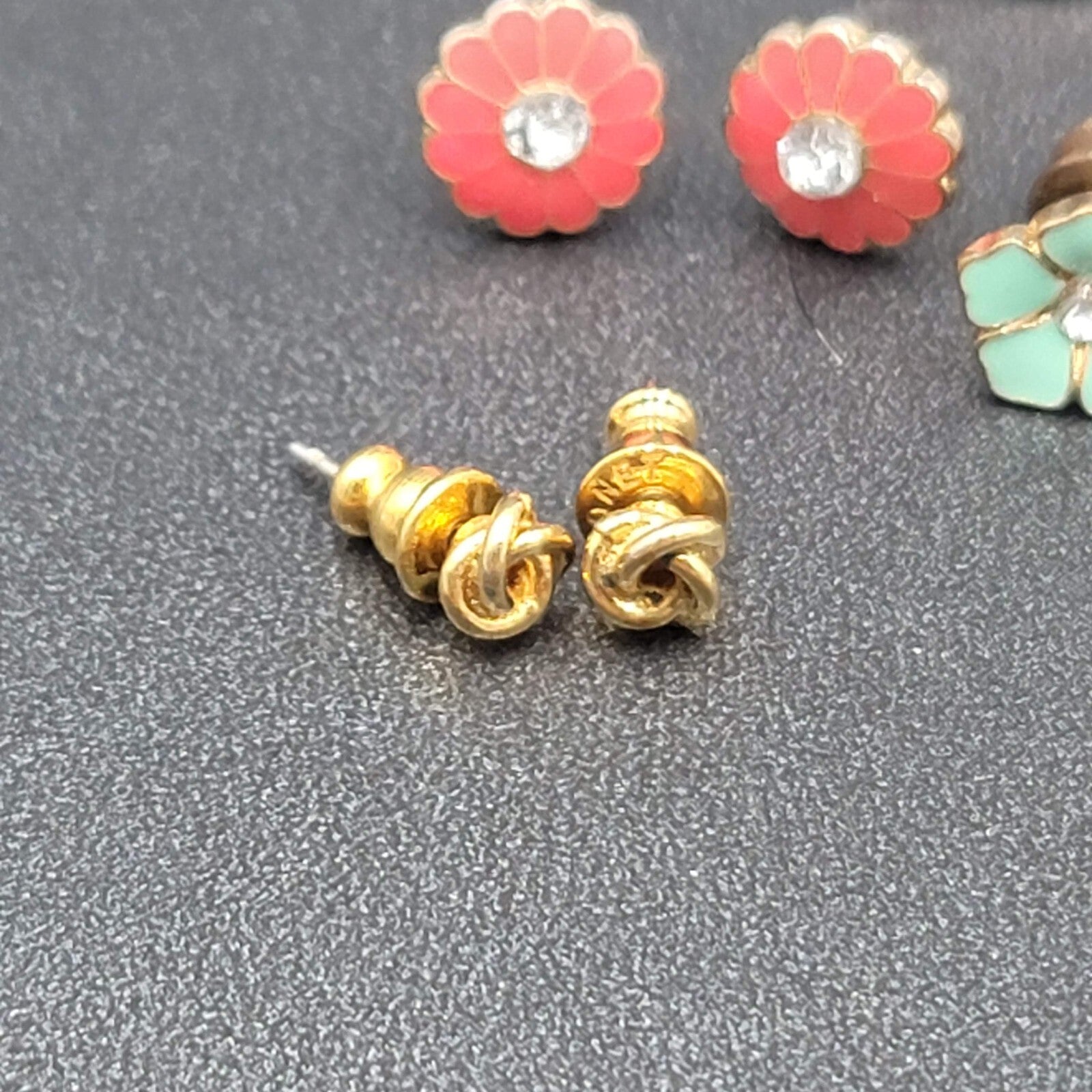 Lot of 5 Pierced Earrings Studs Cherrys Enamel Flowers Rhinestone Gold tone