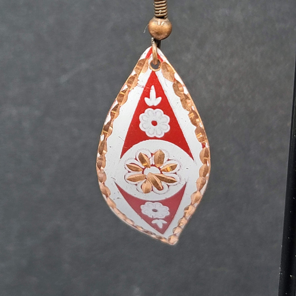Pierced Earrings Copper Laser Cut Red White Design Dangle 1.5"
