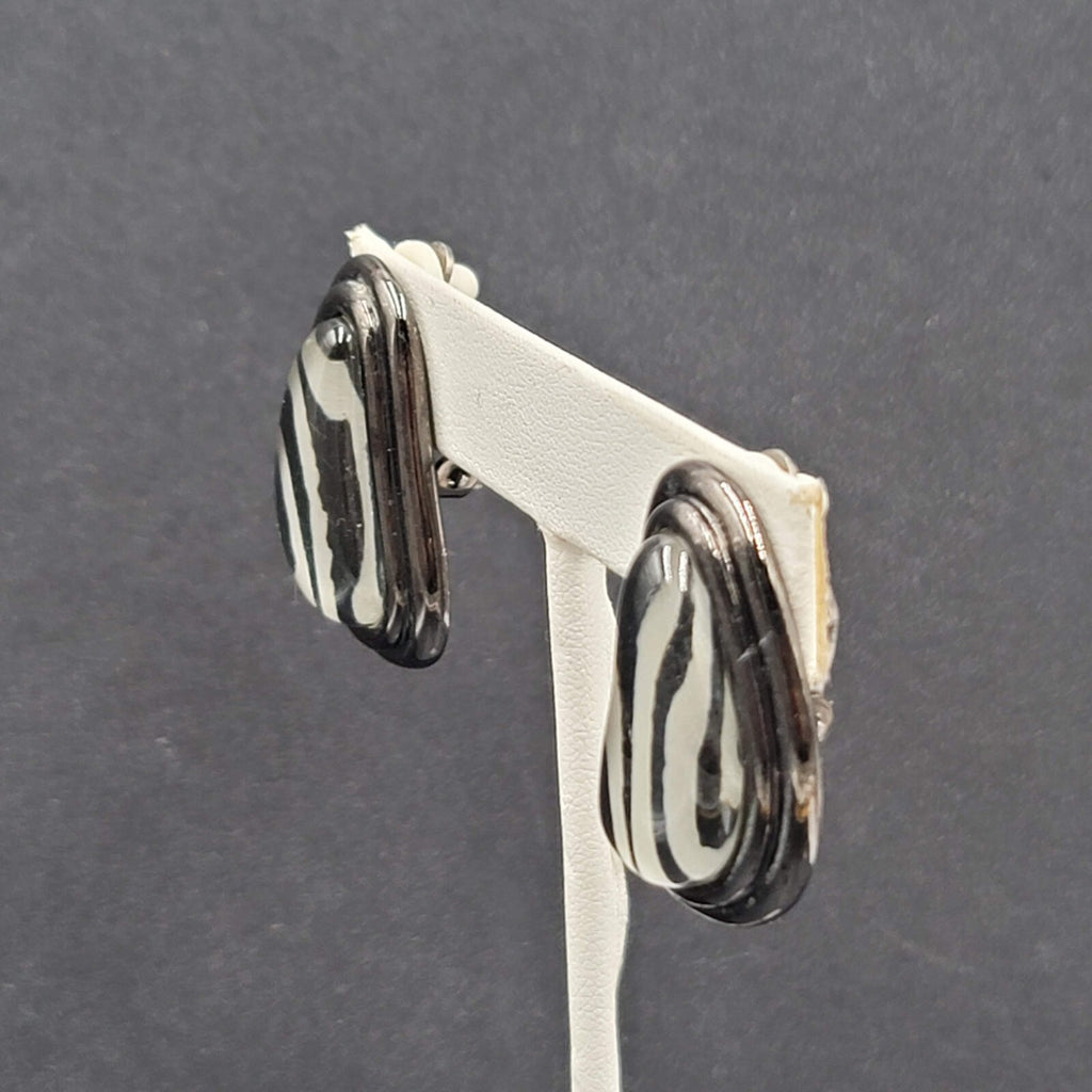 Vintage Clip on Earrings Black Metal Glass Stripes Drop 1 1/4"