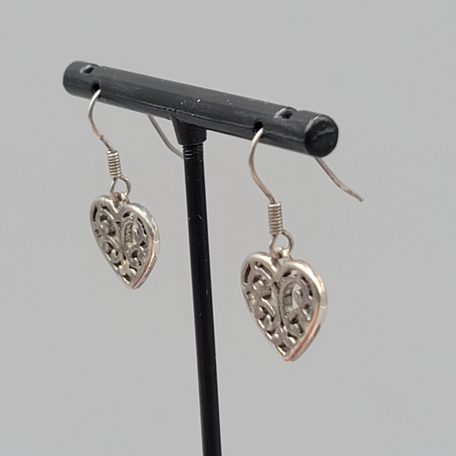 Heart Pierced Earrings Small Filigree Silver tone Dangle 1/2"
