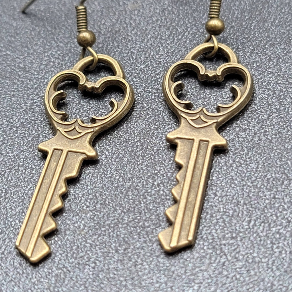 New Pierced Earrings Ornate Key Bronze tone Dangle 1.5"