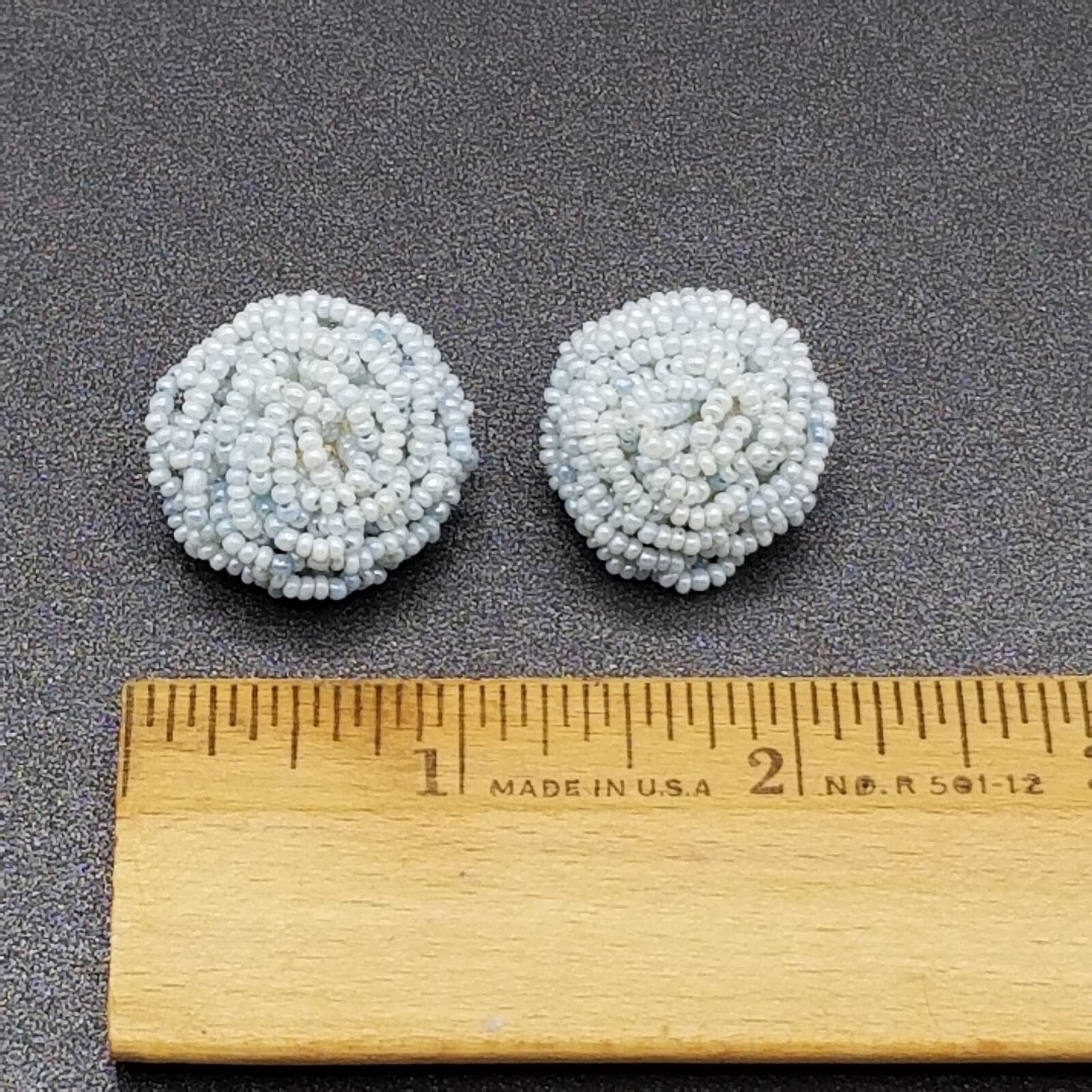 Vintage Clip On Light Blue Seed Bead Knot Button Stud 7/8"