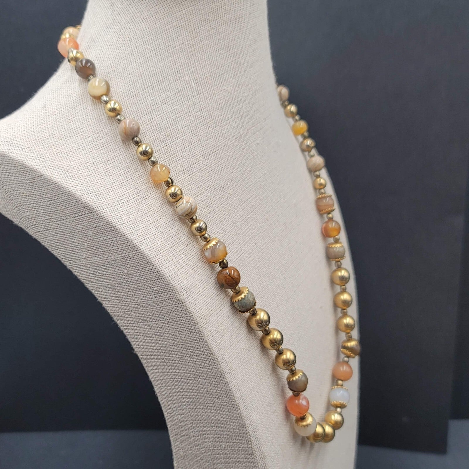 Multicolor Stone Bead Necklace Gold tone Spacers Hook Closure 22"