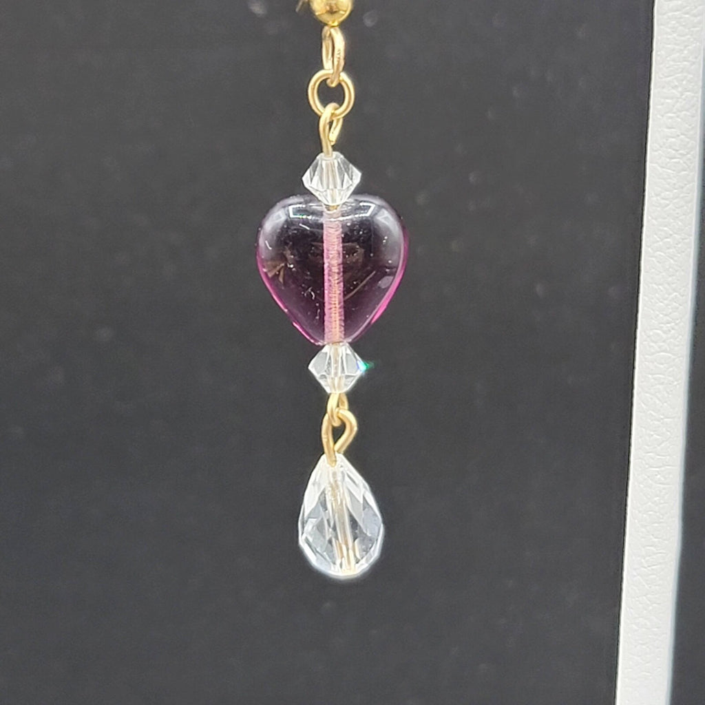 Pierced Earrings Gold tone Purple Glass Heart Bead Clear Crystals 1.5"
