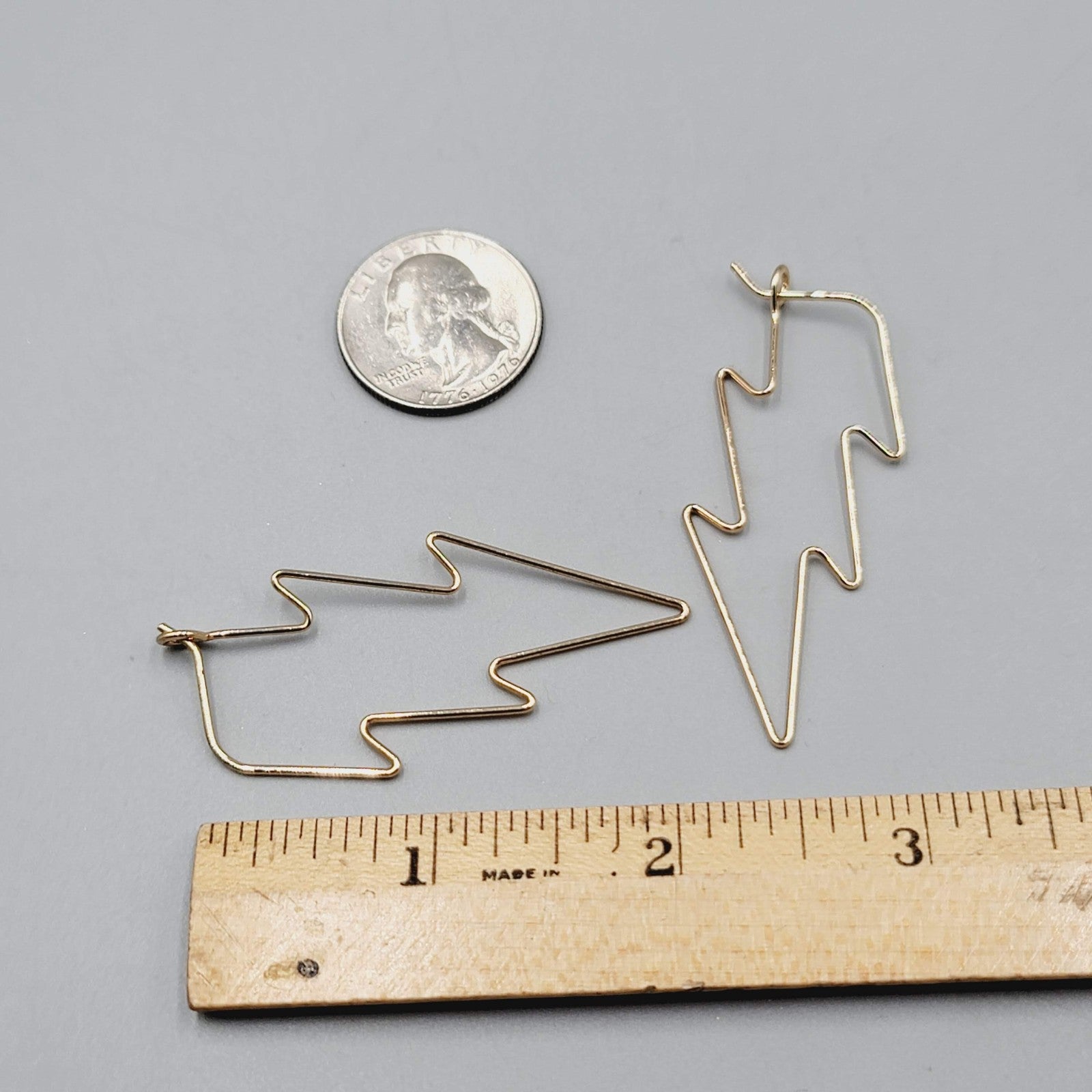 Lightning Bolt Pierced Earrings Wire Gold tone Drop Statement 2"
