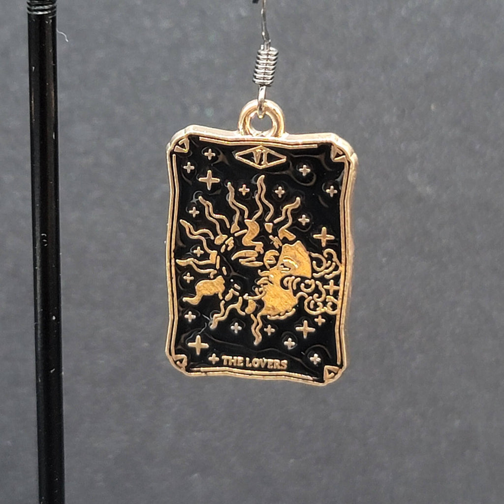 Tarot Card Pierced Earrings The LOVERS Sun and Moon Gold tone Black 1"