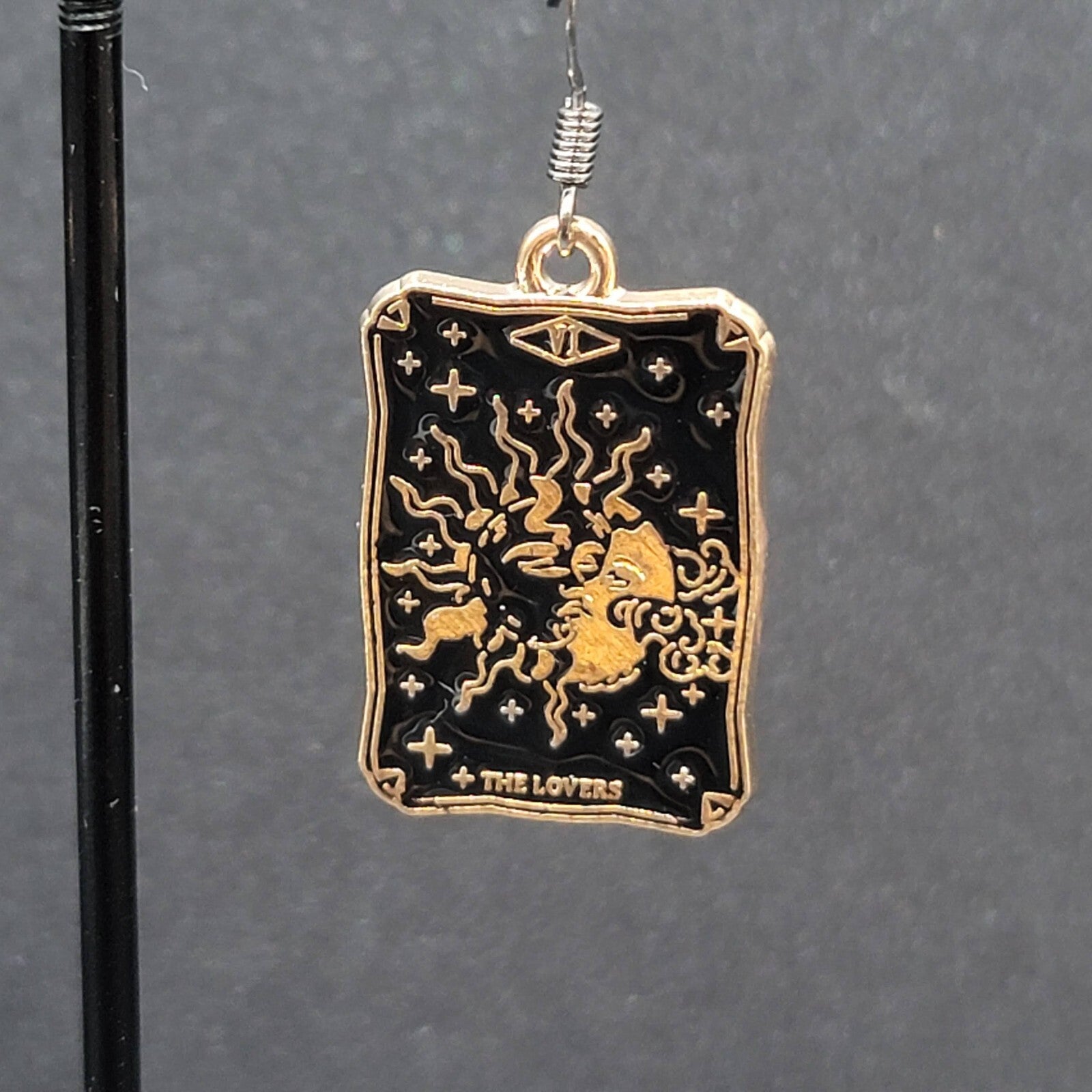 Tarot Card Pierced Earrings The LOVERS Sun and Moon Gold tone Black 1"