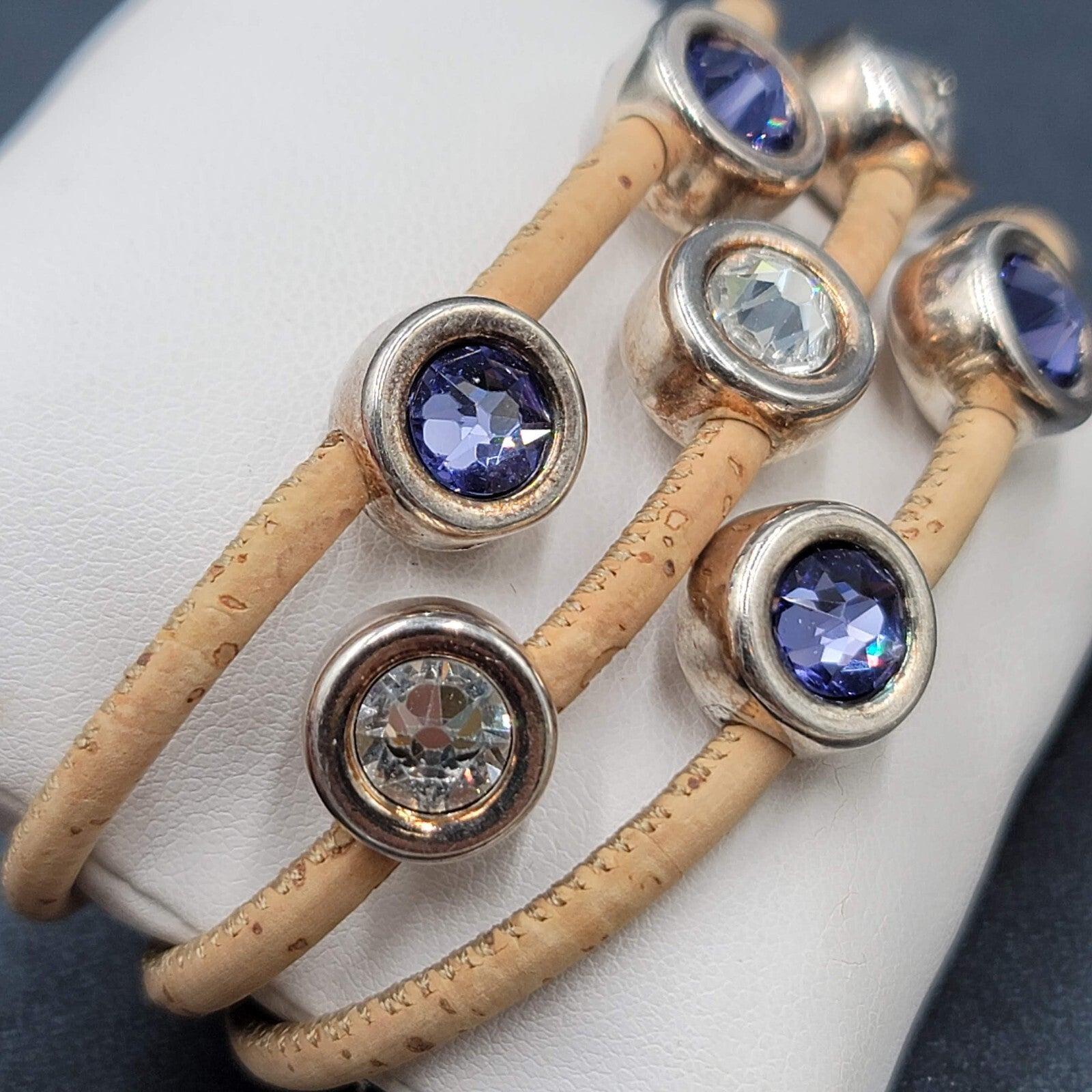 Cork Bracelet Silver tone Multicolor Crystal Rhinestone Magnetic Closure 6.5"