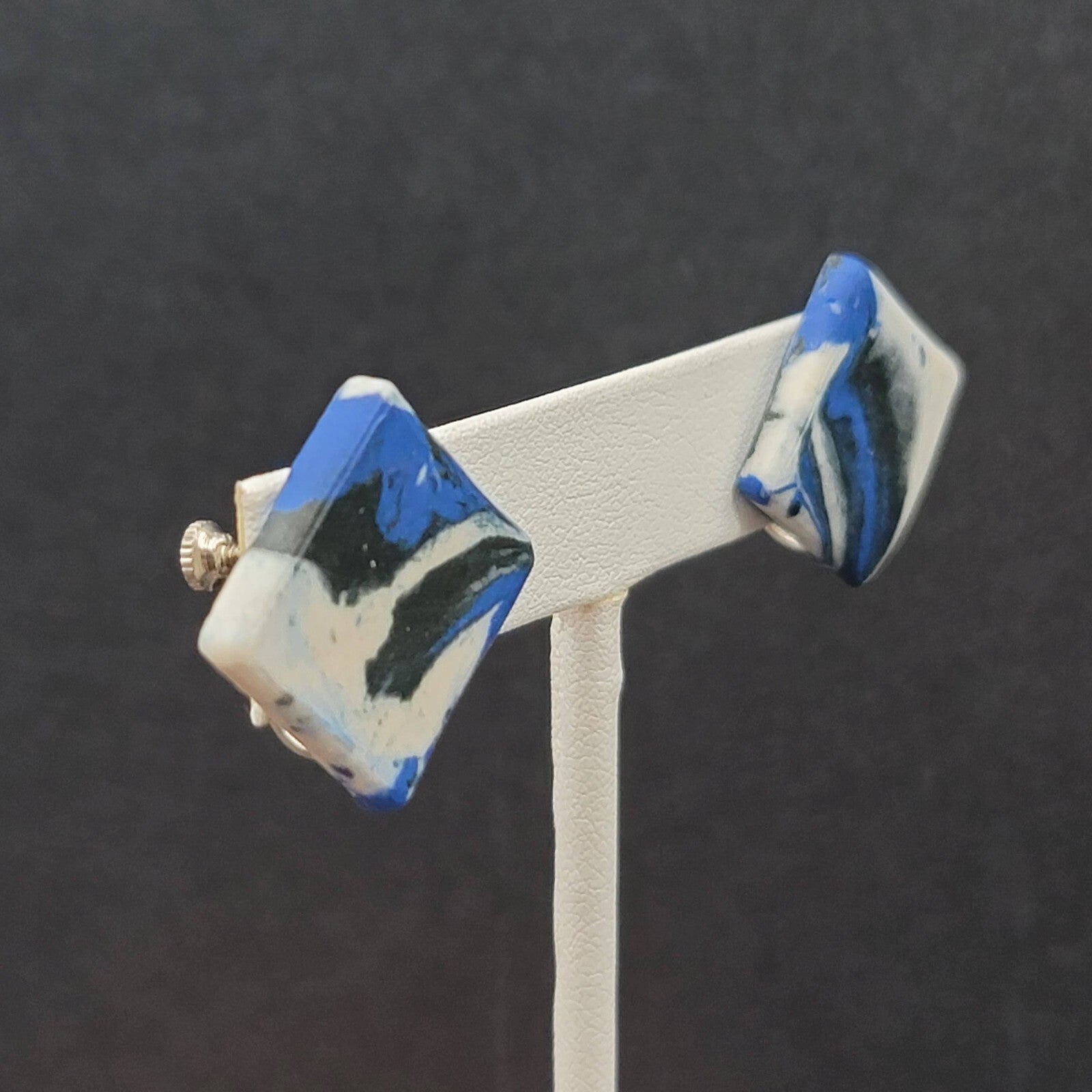 Vintage Clip on Earrings Blue Black White Polymer Clay Squares Screw Back 3/4"