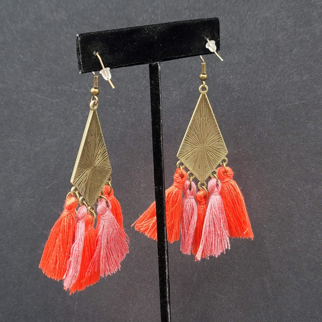 New Boho Pierced Earrings Antiqued Gold tone Enamel Orange Purple Tassel 3"