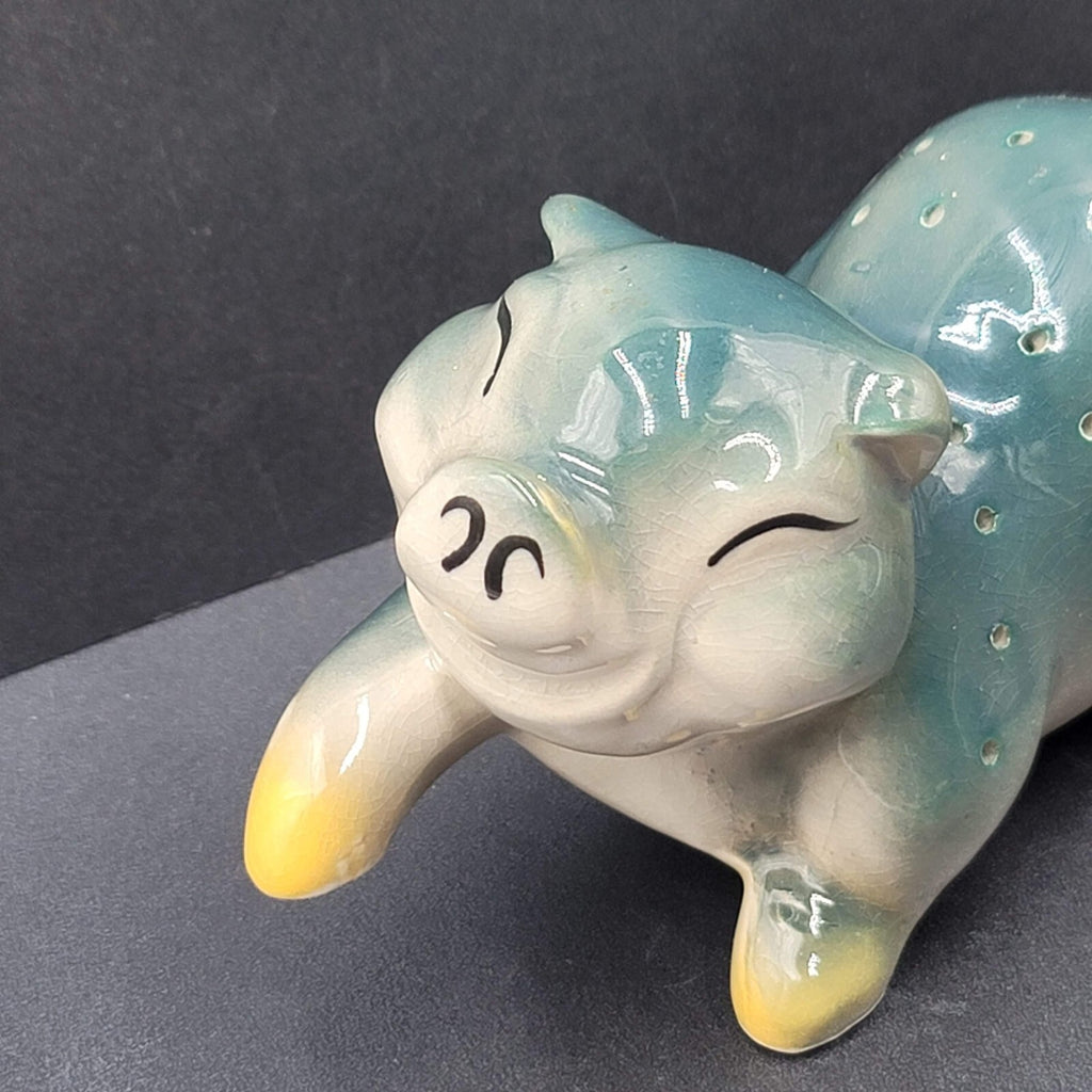 Vintage Blue Green Pig Toothpick Appetizer Server Ceramic MCM 7" x 3.5”