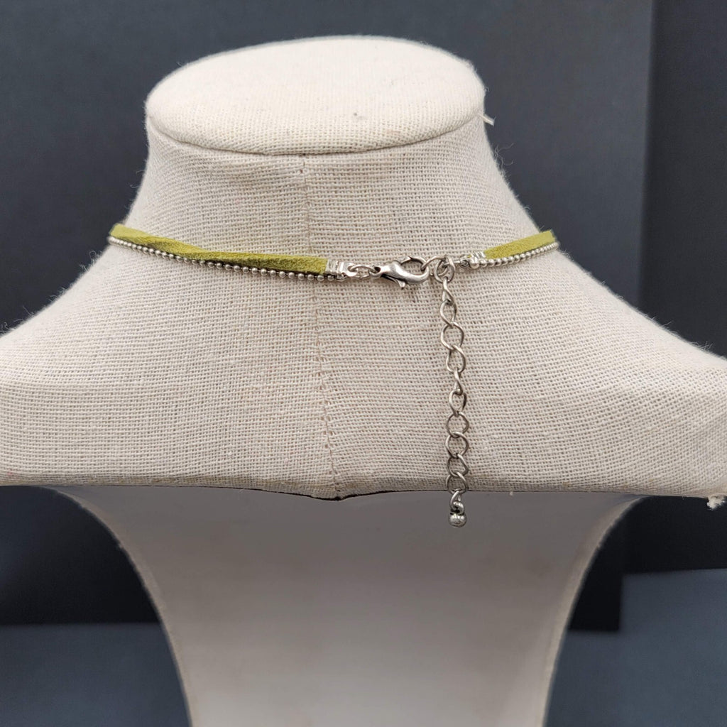 Green Necklace Silver tone Felt Rhinestone Circle Pendant  16"-18"