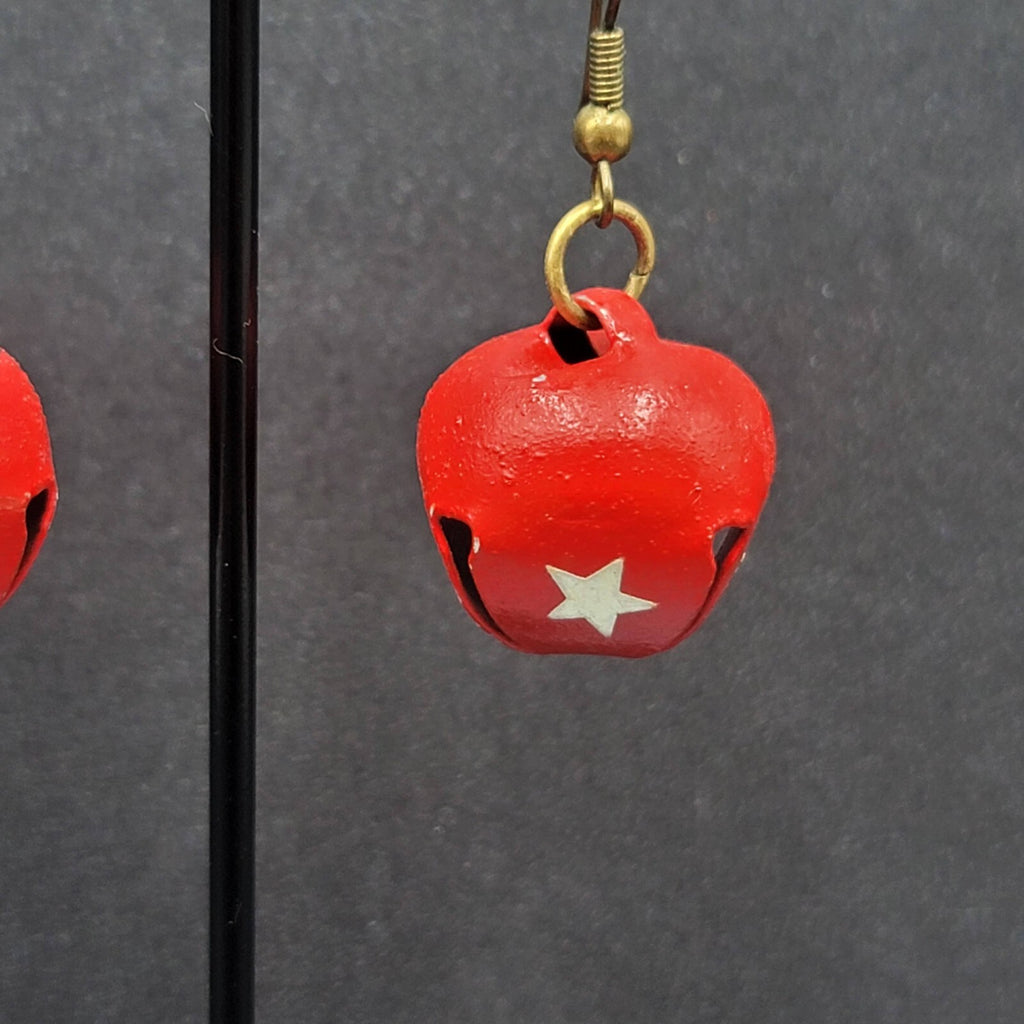 Christmas Pierced Earrings Gold Star Red Painted Jingle Bells 3/4"