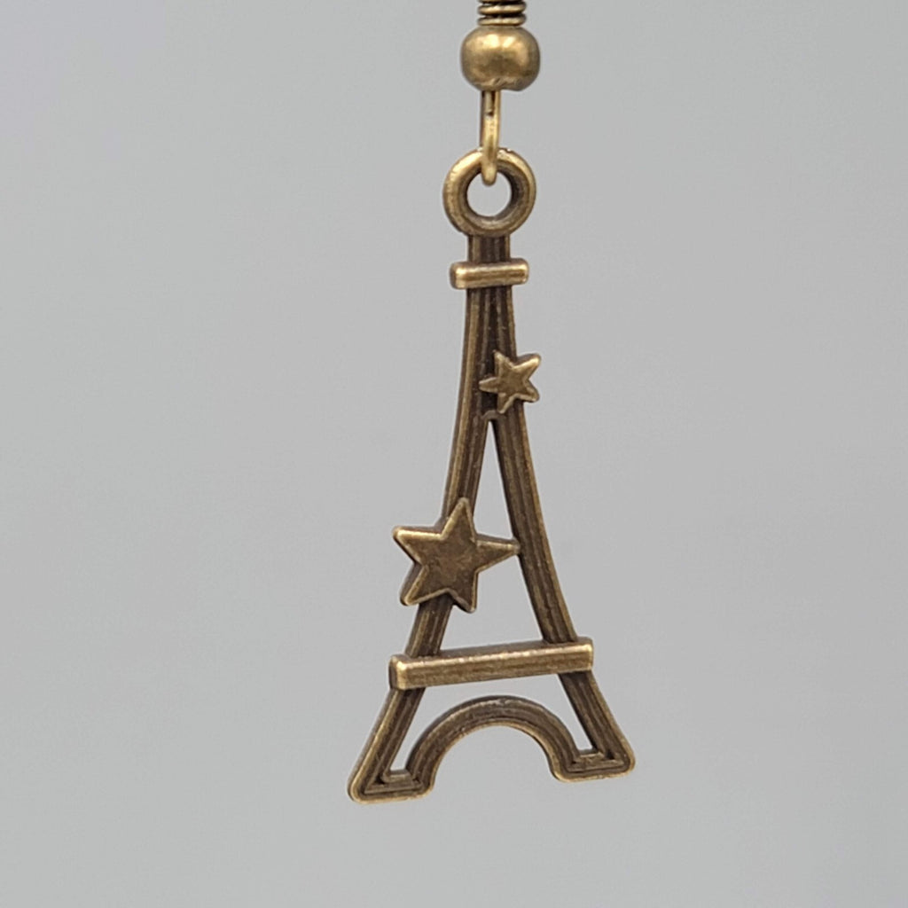 Eiffel Tower Pierced Earrings Bronze tone Stars Dangle NEW 1 1/8"