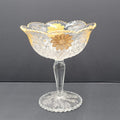 Pressed glass compote candy dish clear gold daisy floral pedestal scalloped rim