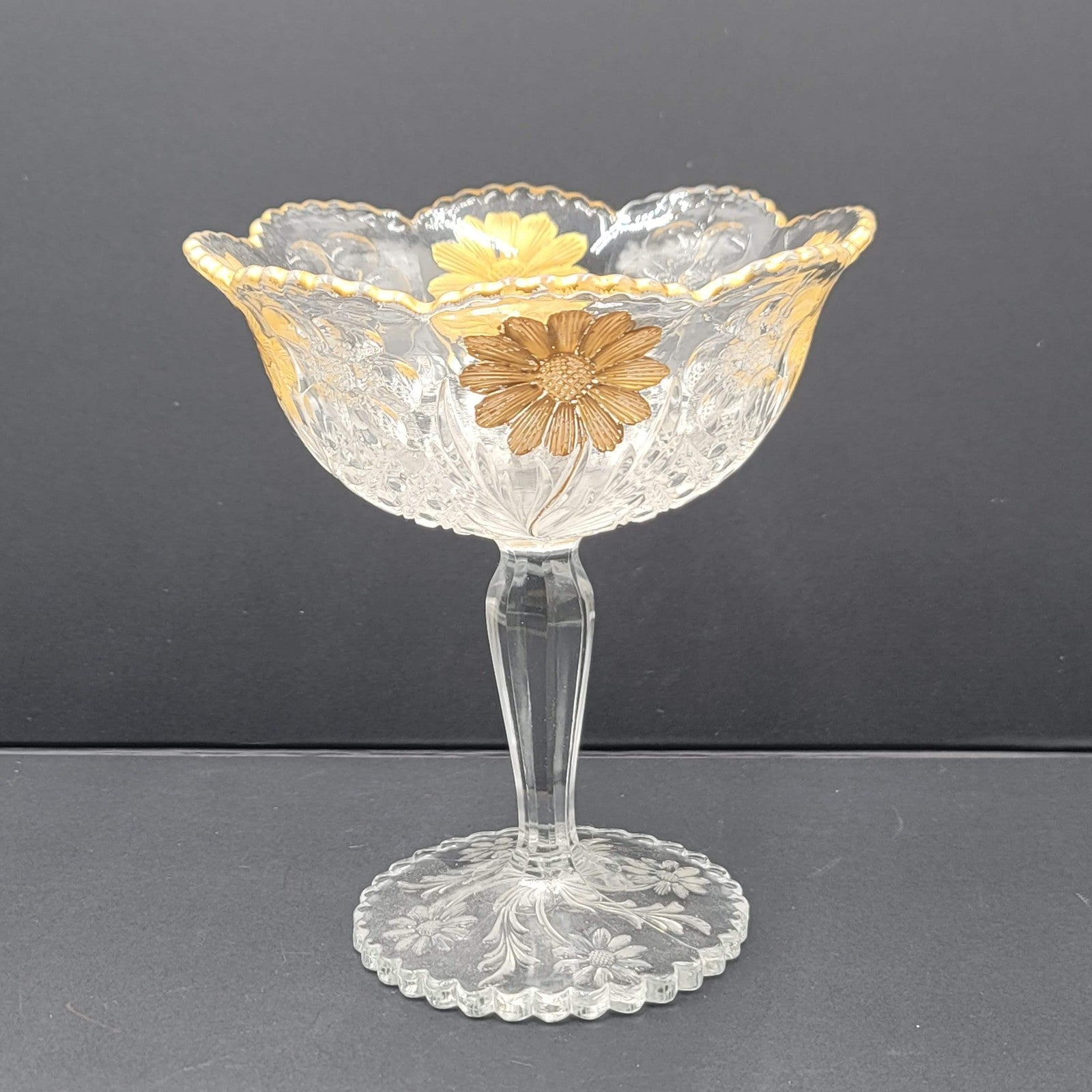 Pressed glass compote candy dish clear gold daisy floral pedestal scalloped rim
