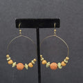 New Boho Pierced Earrings Gold tone Green Accent Wood Beaded Hoops 2"