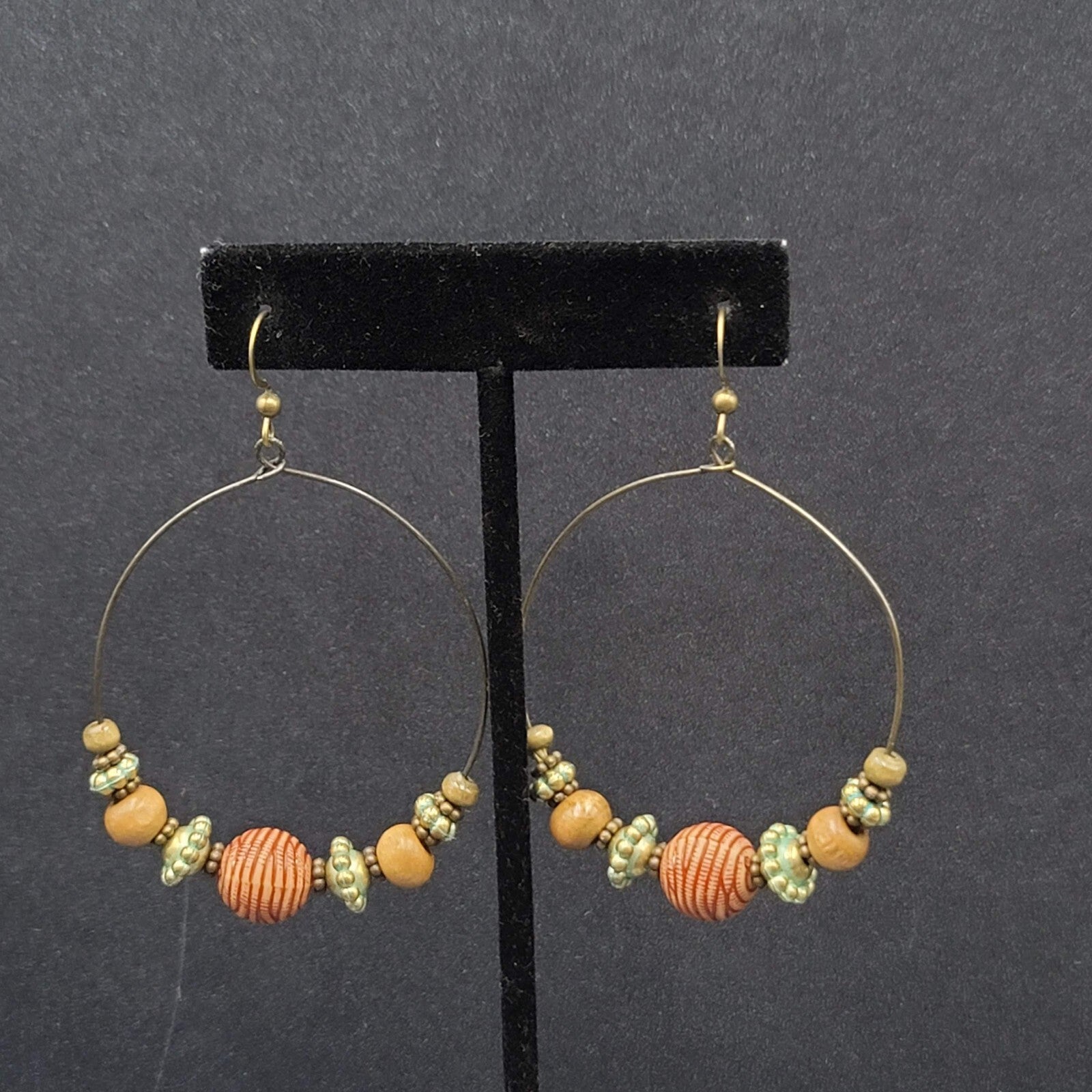 New Boho Pierced Earrings Gold tone Green Accent Wood Beaded Hoops 2"