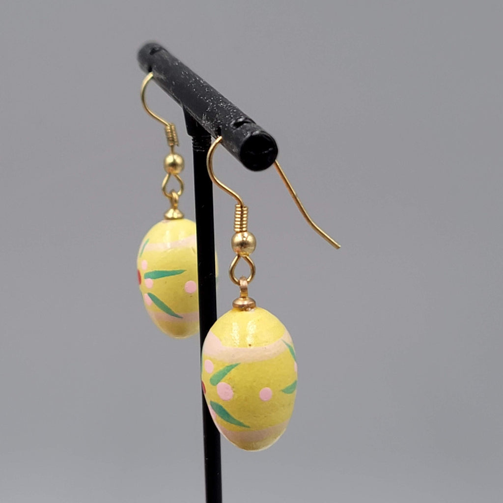 Vintage Yellow Easter Egg Pierced Earrings Hand Painted Wood Dangle 7/8"