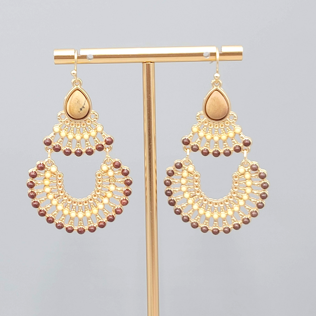 Boho Chandelier Pierced Earrings Gold toen Dangle Faux Stone 2"