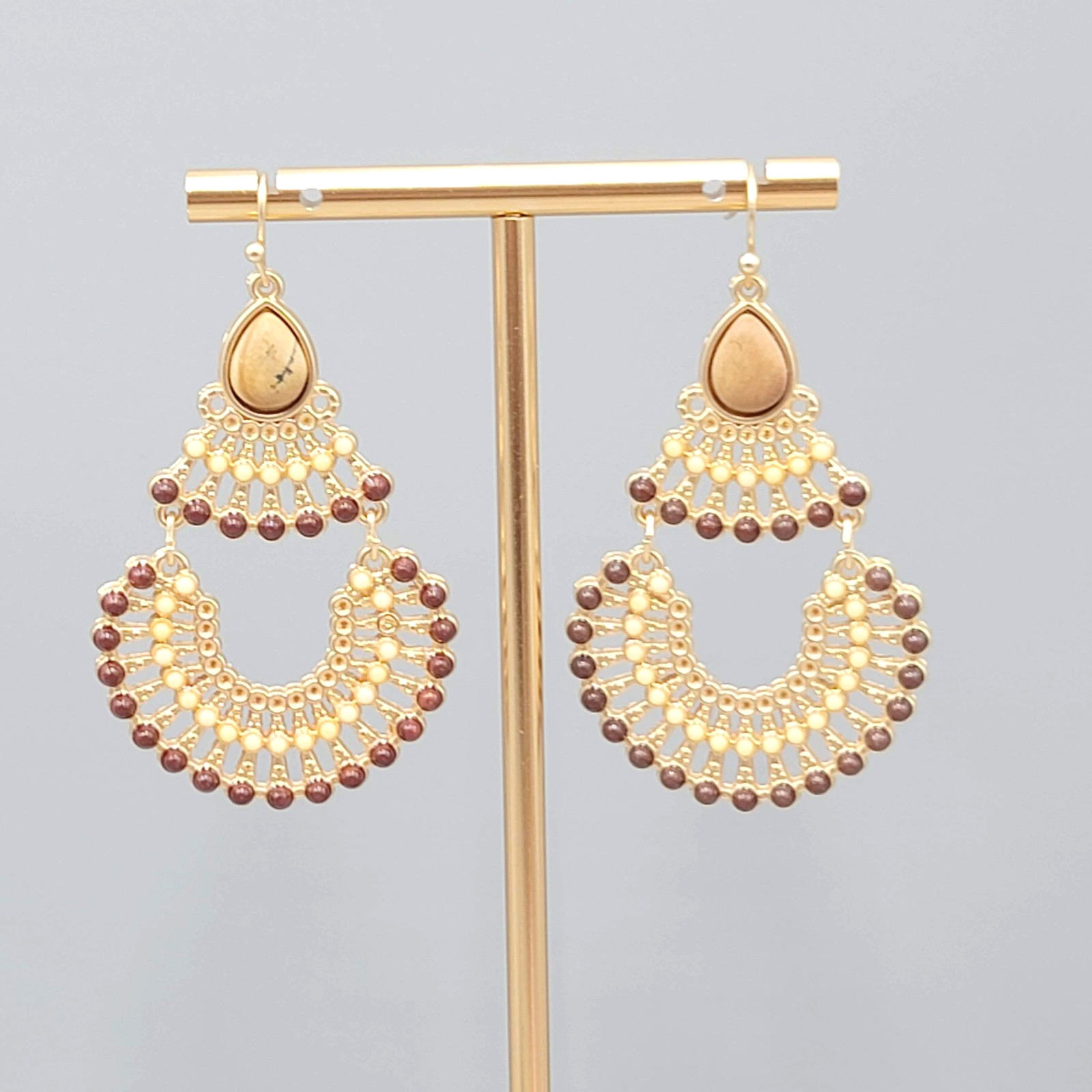 Boho Chandelier Pierced Earrings Gold toen Dangle Faux Stone 2"