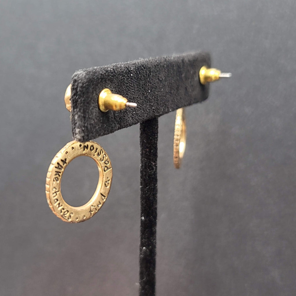 Pierced Earrings TAKE CHANCES FIND A PASSION Gold tone Dangle Hidden  1 1/8"