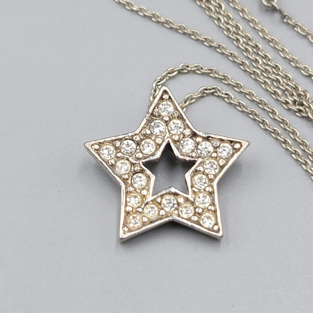 Star Pendant Necklace Rhinestone 18 Inch Silver tone