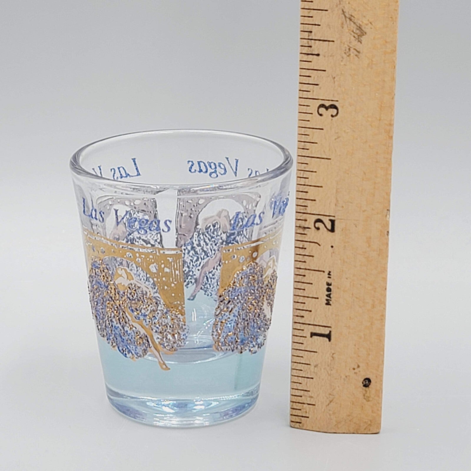 Vintage Las Vegas Casino Shot Glass Blue Gold Embossed Clear Glass Souvenir