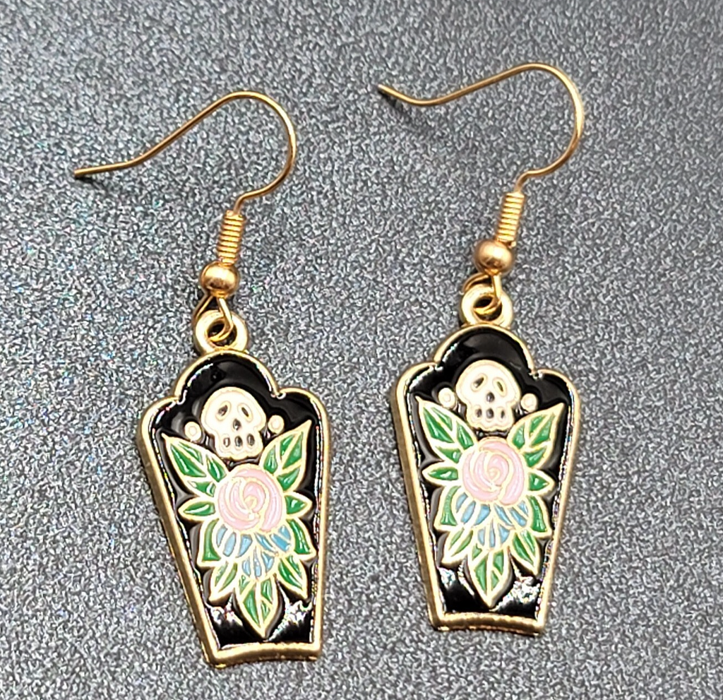 Halloween Coffin Pierced Earrings Skull Enamel Flowers Gold tone Dangle 1"