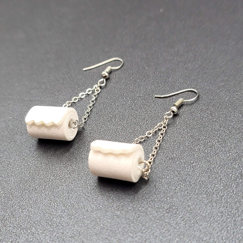 Toilet Paper Roll Pierced Earrings Silver tone Dangle Chains 1.5"