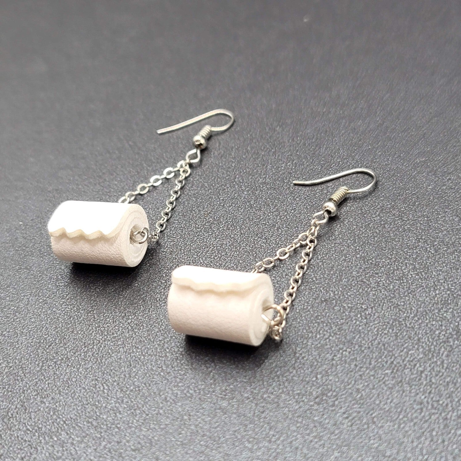 Toilet Paper Roll Pierced Earrings Silver tone Dangle Chains 1.5"