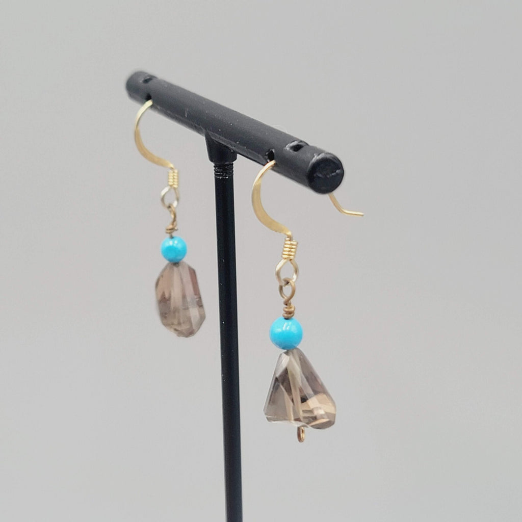 Blue and Triangle Smokey Glass Bead Pierced Earrings Gold tone Dangle 3/4"