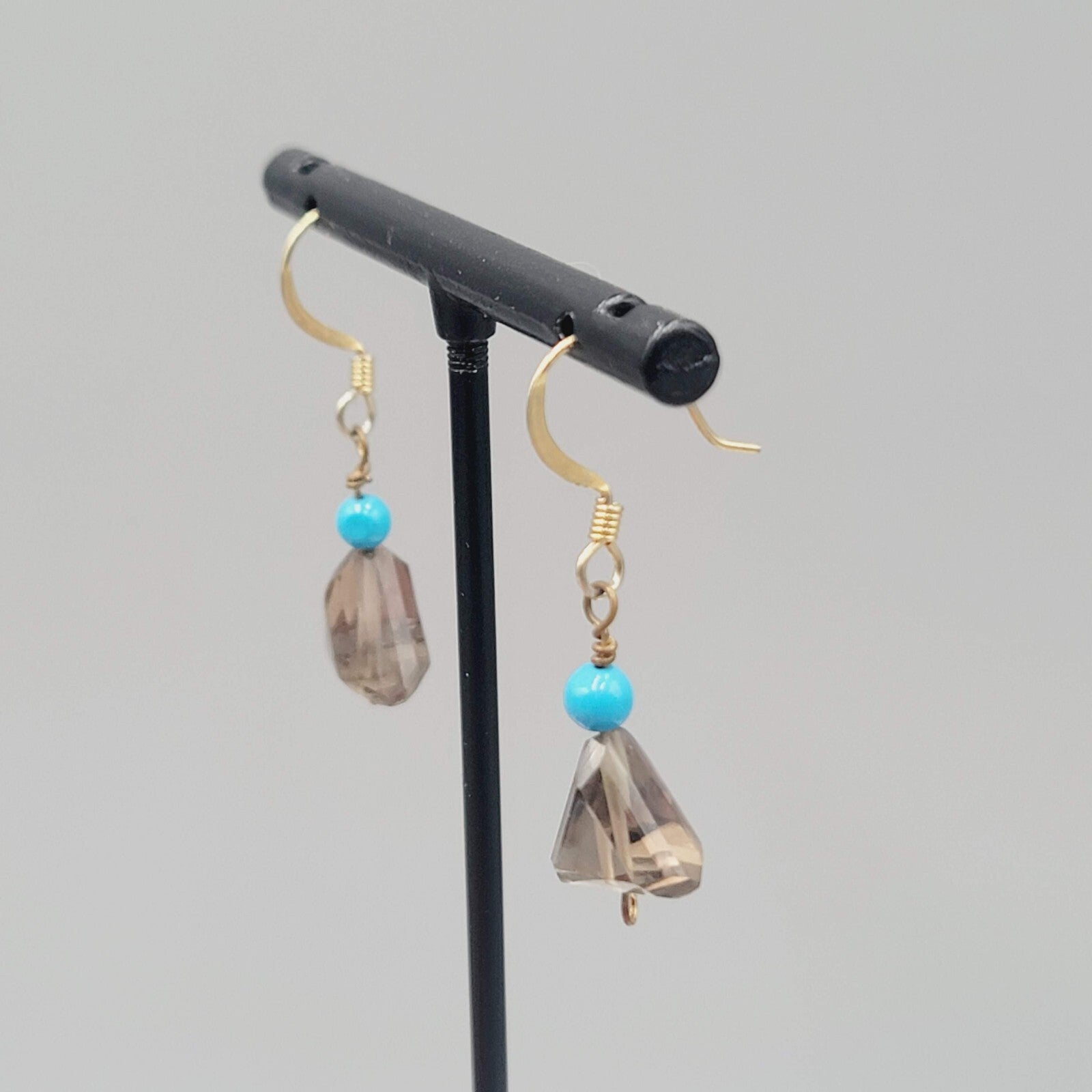 Blue and Triangle Smokey Glass Bead Pierced Earrings Gold tone Dangle 3/4"